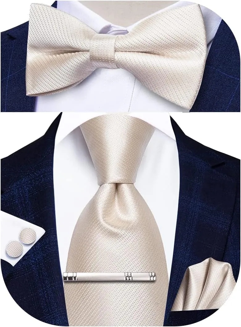 Hi-Tie Men Ties Bowtie Set Woven Silk Necktie Bow Tie and Pocket Square Cufflinks Set with Tie Clip or Flower Lapel Pin