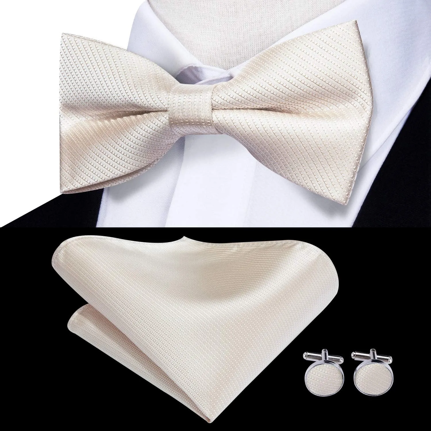 Hi-Tie Men Ties Bowtie Set Woven Silk Necktie Bow Tie and Pocket Square Cufflinks Set with Tie Clip or Flower Lapel Pin