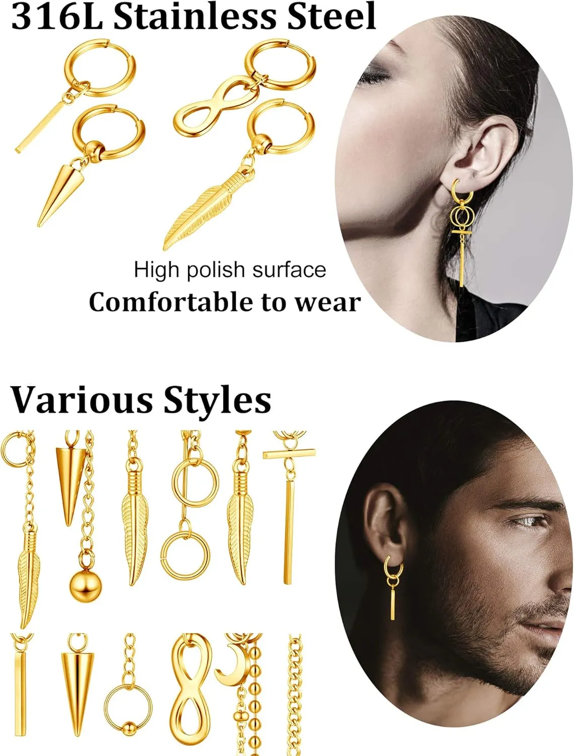 Hicarer 12 Pieces Hoop Dangling Feather Earrings for Men Stainless Steel Hinged Pendant Earrings Male Long Chain