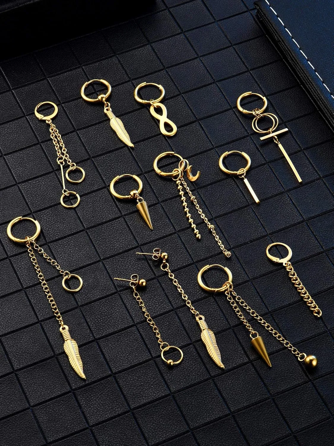 Hicarer 12 Pieces Hoop Dangling Feather Earrings for Men Stainless Steel Hinged Pendant Earrings Male Long Chain