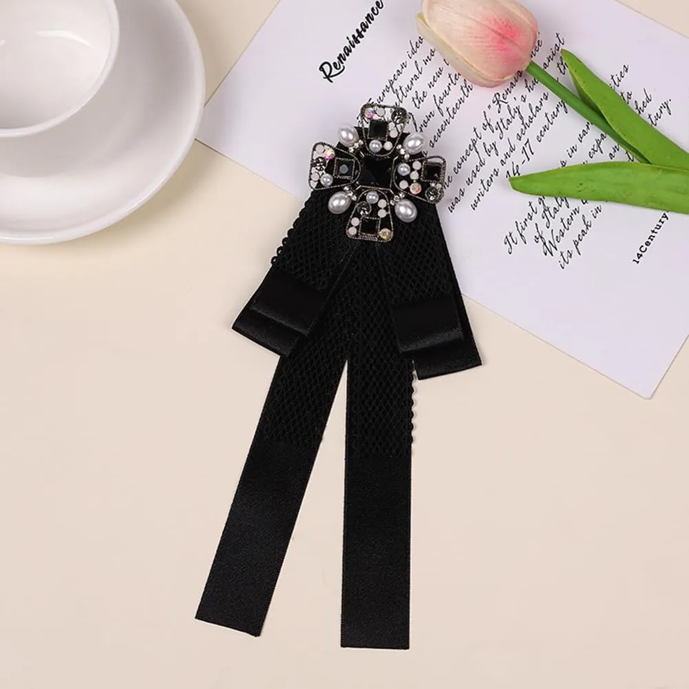 JKQBUX Women Bow Tie with Brooch Pearl bow brooch Ribbon Neck Tie for Wedding Party Accessories