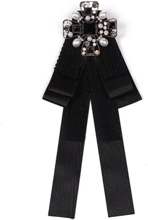 JKQBUX Women Bow Tie with Brooch Pearl bow brooch Ribbon Neck Tie for Wedding Party Accessories