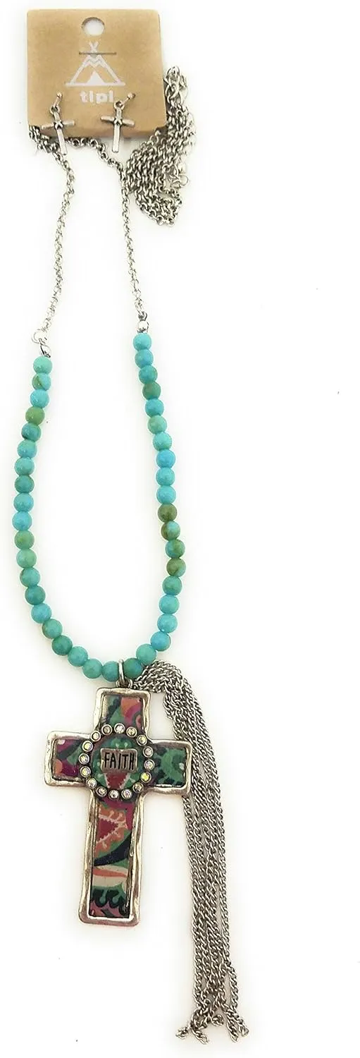 JP Faith Rhinestone Cross Tassel Turquoise Beaded Spiritual Necklace Earrings 33"
