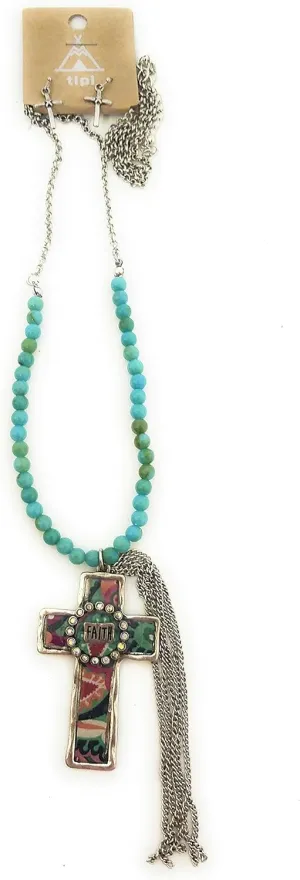 JP Faith Rhinestone Cross Tassel Turquoise Beaded Spiritual Necklace Earrings 33"
