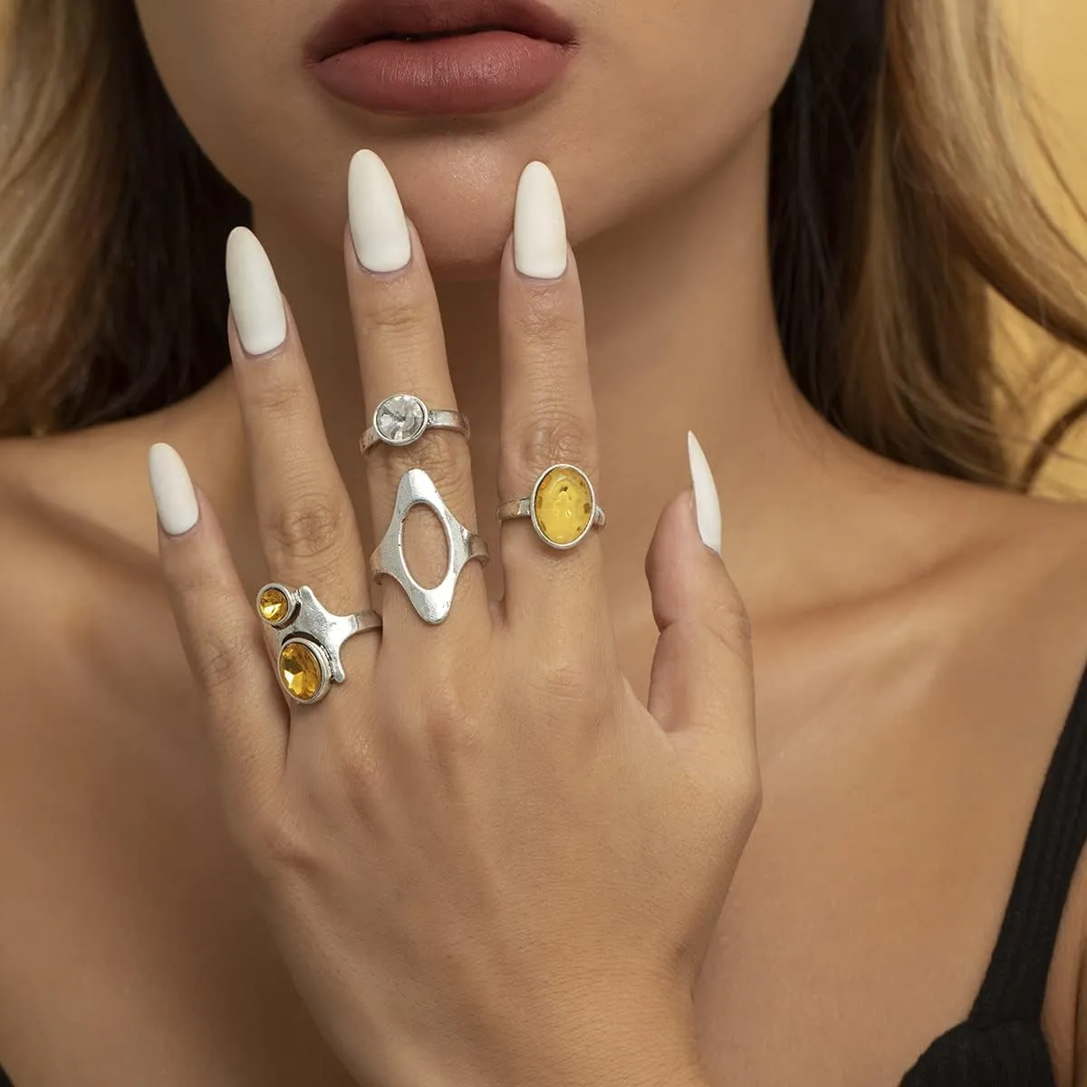 Jumwrit Knuckle Stacking Rings Antique Rings for Women Oval Stone Rings Rhinestone Rings Silver Hollow Rings for Girls4PCS