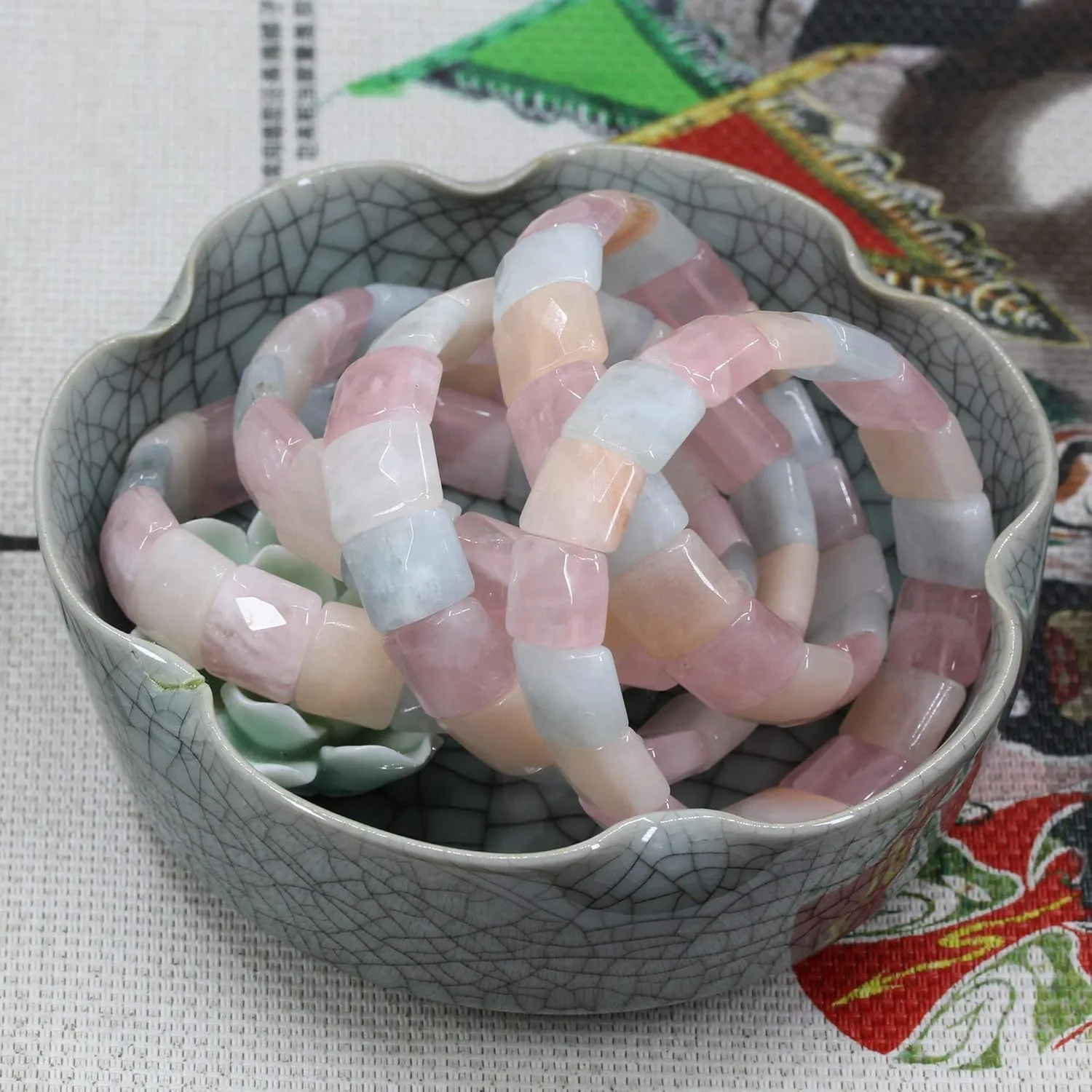 Keleny Gemstones Semi Precious 15mm Square Grain Faceted Beaded Stretch Bangle 7.5 Inch Unisex