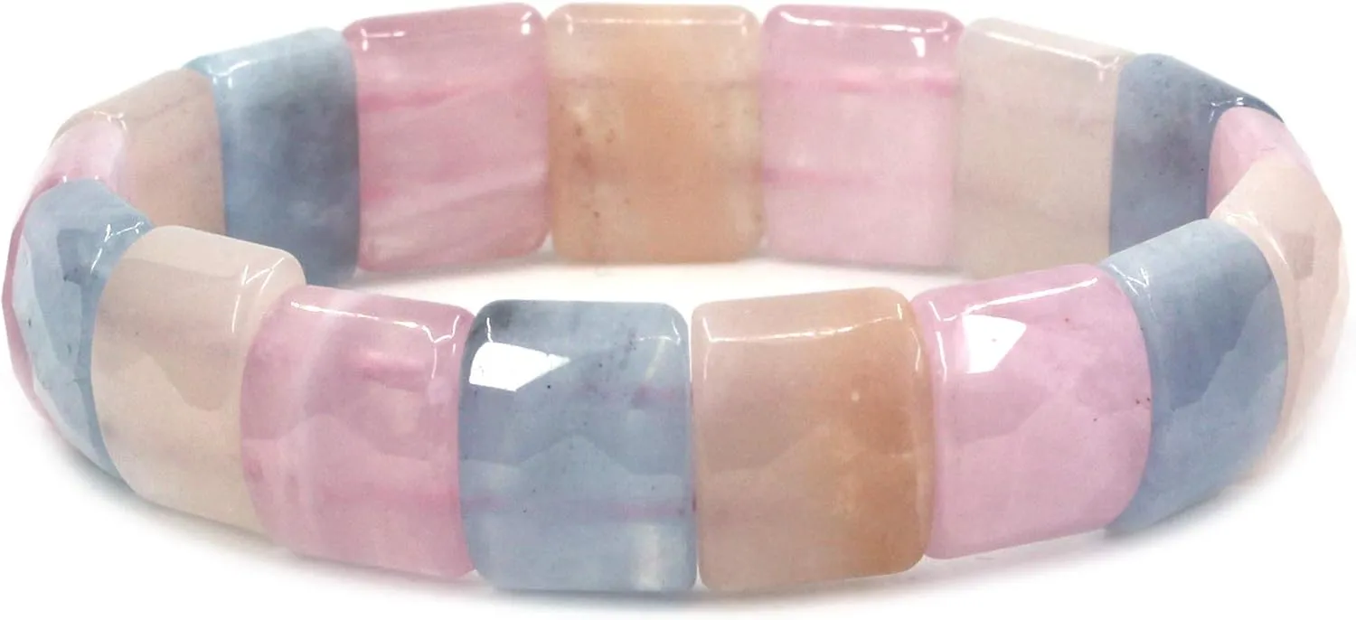 Keleny Gemstones Semi Precious 15mm Square Grain Faceted Beaded Stretch Bangle 7.5 Inch Unisex