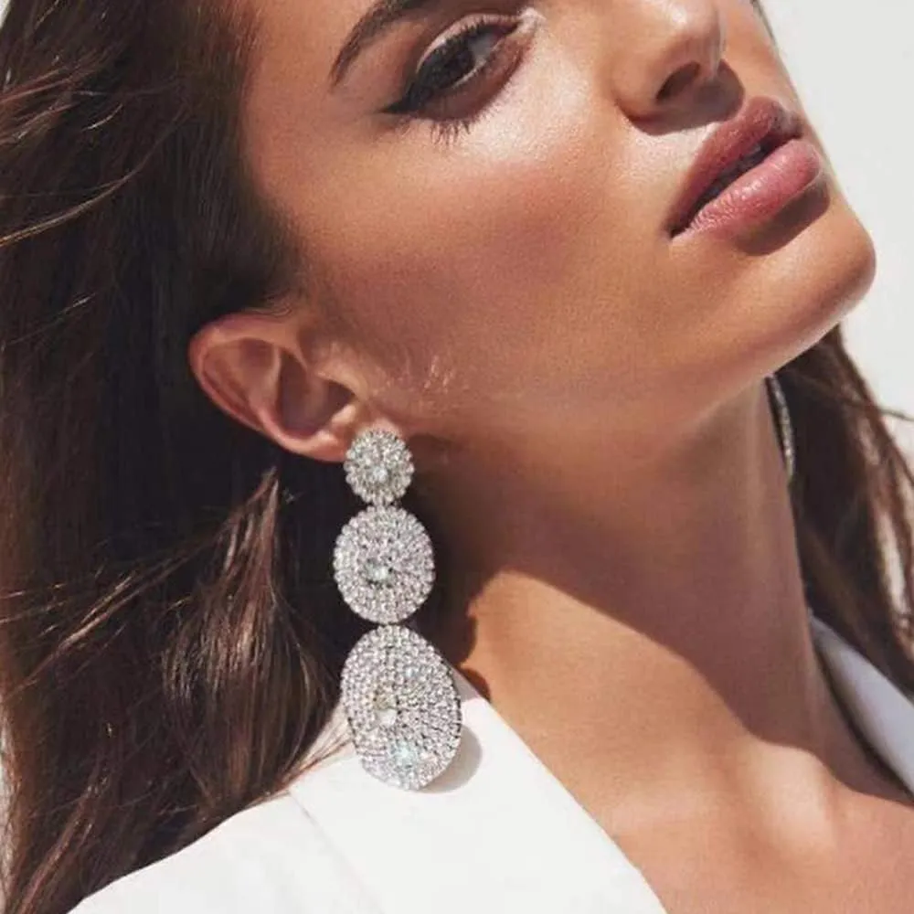 Large Crystal Round Dangle Drop Earrings Cubic Zirconia CZ Big Circle Three Layered Dangling Stud Earring Bohemia Jewelry Gifts for Women Girls Hypoallergenic