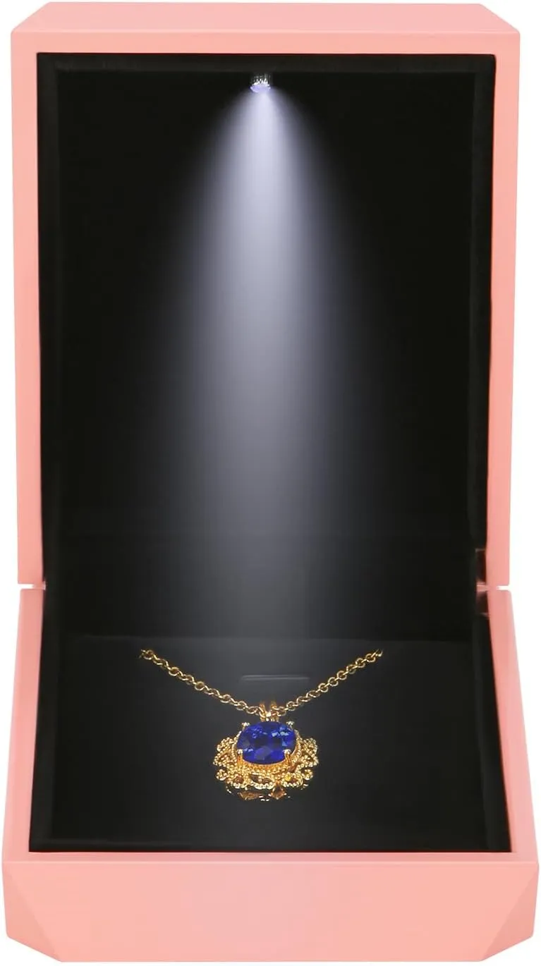 Luxury LED Light Pendant Necklace Gift Box, Velvet Jewelry Box Storage Case Organizer Holder for Proposal Engagement Wedding Anniversary Birthday Valentine's Day (PINK)