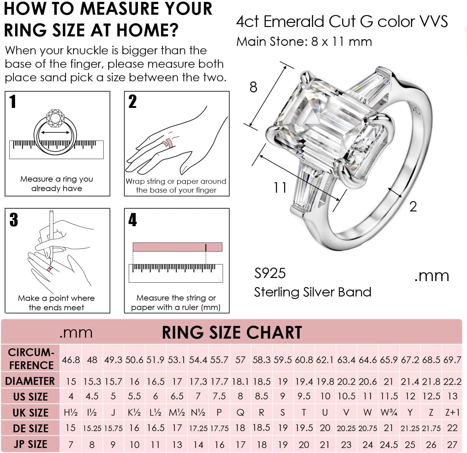 Michooyel S925 4ct Emerald Cut Cubic Zirconia Engagement Rings For Women (G, VVS) Wedding Ring Promise Ring Sterling Silver Wedding Band