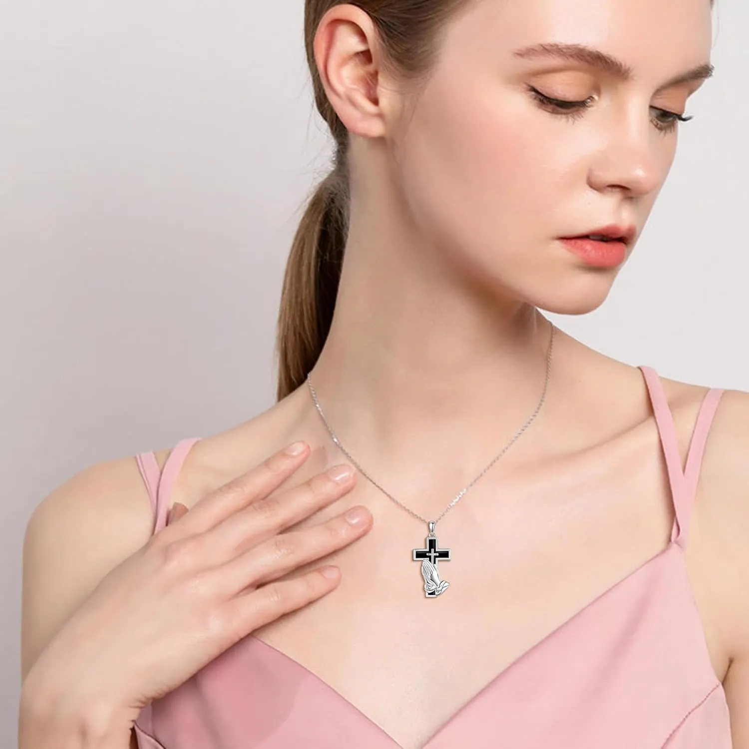 MONGAS Praying Hand Necklace Sterling Silver Praying Hands Pendant Necklace Cross Necklace For Women