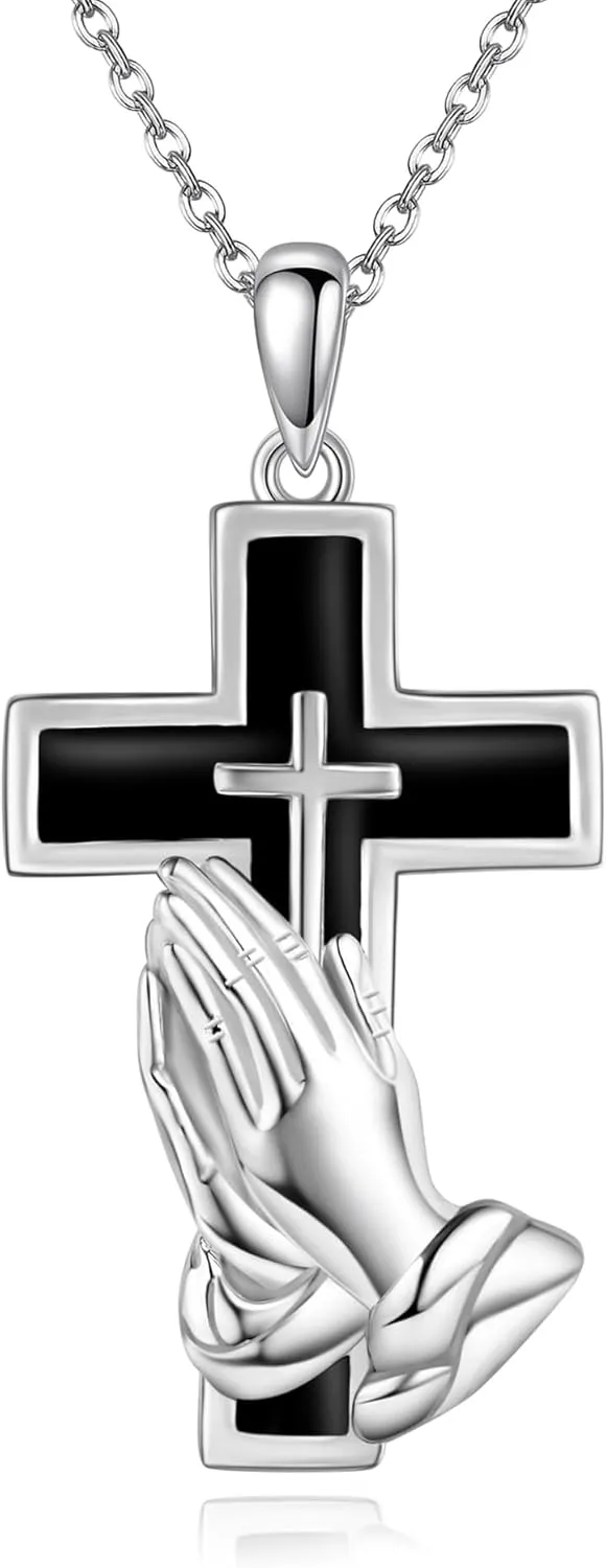 MONGAS Praying Hand Necklace Sterling Silver Praying Hands Pendant Necklace Cross Necklace For Women