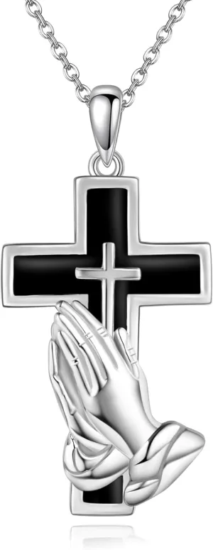 MONGAS Praying Hand Necklace Sterling Silver Praying Hands Pendant Necklace Cross Necklace For Women