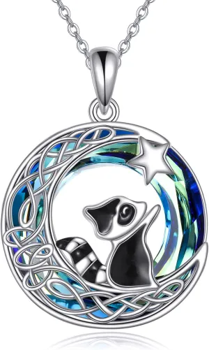 MONGAS Raccoon Necklace Sterling Silver Raccoon Pendant Necklace Raccoon Jewelry Moon Necklace for Women