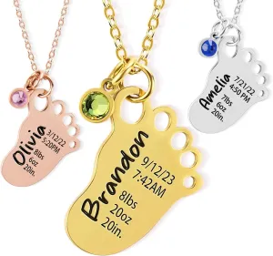 Personalized Birth Info Feet Necklace New Mom Gift Foot Necklace New Necklace Custom Birth Stats Footprint Necklace Push Present Name Necklace with Birthstone