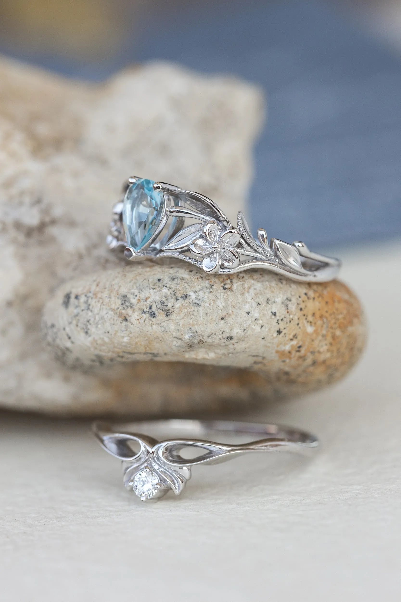 READY TO SHIP: Eloise ring set in 14K white gold, natural aquamarine pear cut 7x5 mm, accent natural diamond, AVAILABLE RING SIZES: 8-10US