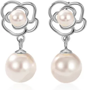 Reffeer Solid 925 Sterling Silver Imitation Pearl Drop Earrings for Women Teen Girls Pearl Flower Drop Earrings Wedding