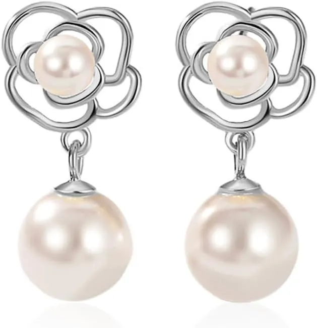 Reffeer Solid 925 Sterling Silver Imitation Pearl Drop Earrings for Women Teen Girls Pearl Flower Drop Earrings Wedding