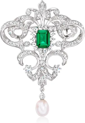 Ross-Simons 6-6.5mm Cultured Pearl and 1.70 Carat Simulated Emerald Vintage-Style Pin With 1.50 ct. t.w. Czs in Sterling Silver