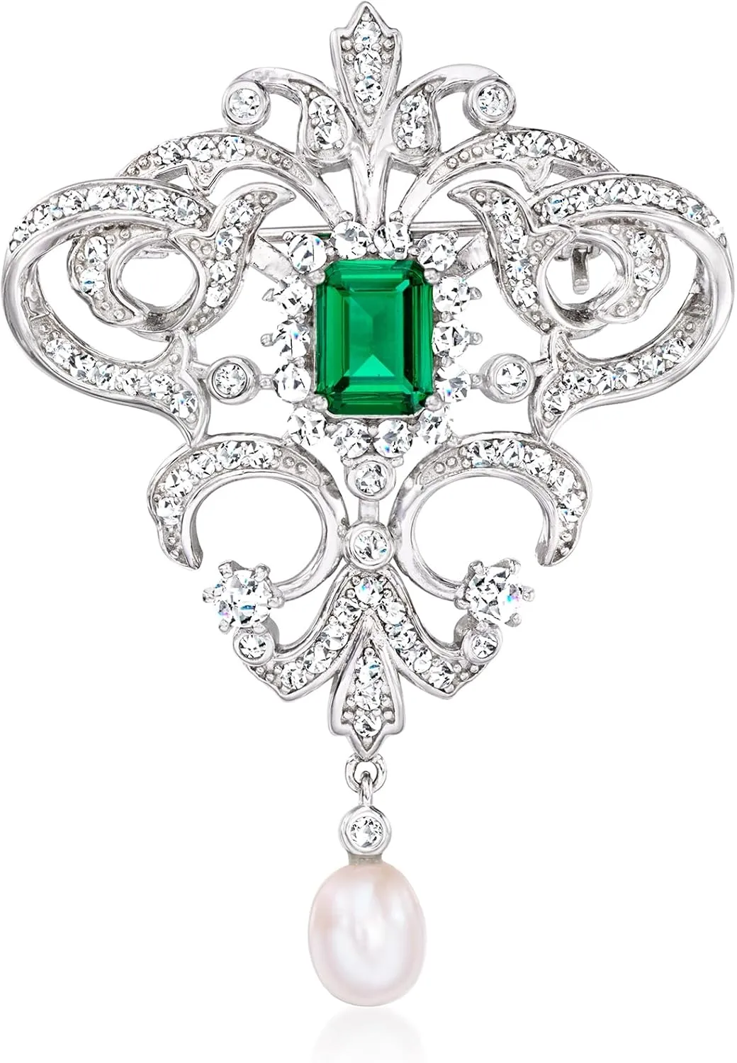 Ross-Simons 6-6.5mm Cultured Pearl and 1.70 Carat Simulated Emerald Vintage-Style Pin With 1.50 ct. t.w. Czs in Sterling Silver