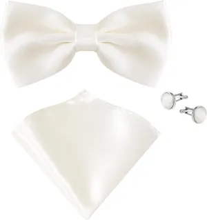 Solid Color Adjustable Pre-Tied Bowtie Pocket Square Cufflinks for Men Wedding Party Business