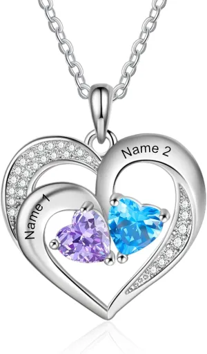 Sterling Silver Personalized 2 Names Necklace with 2 Heart Simulated Birthstone Couple Pendant Necklace for Women