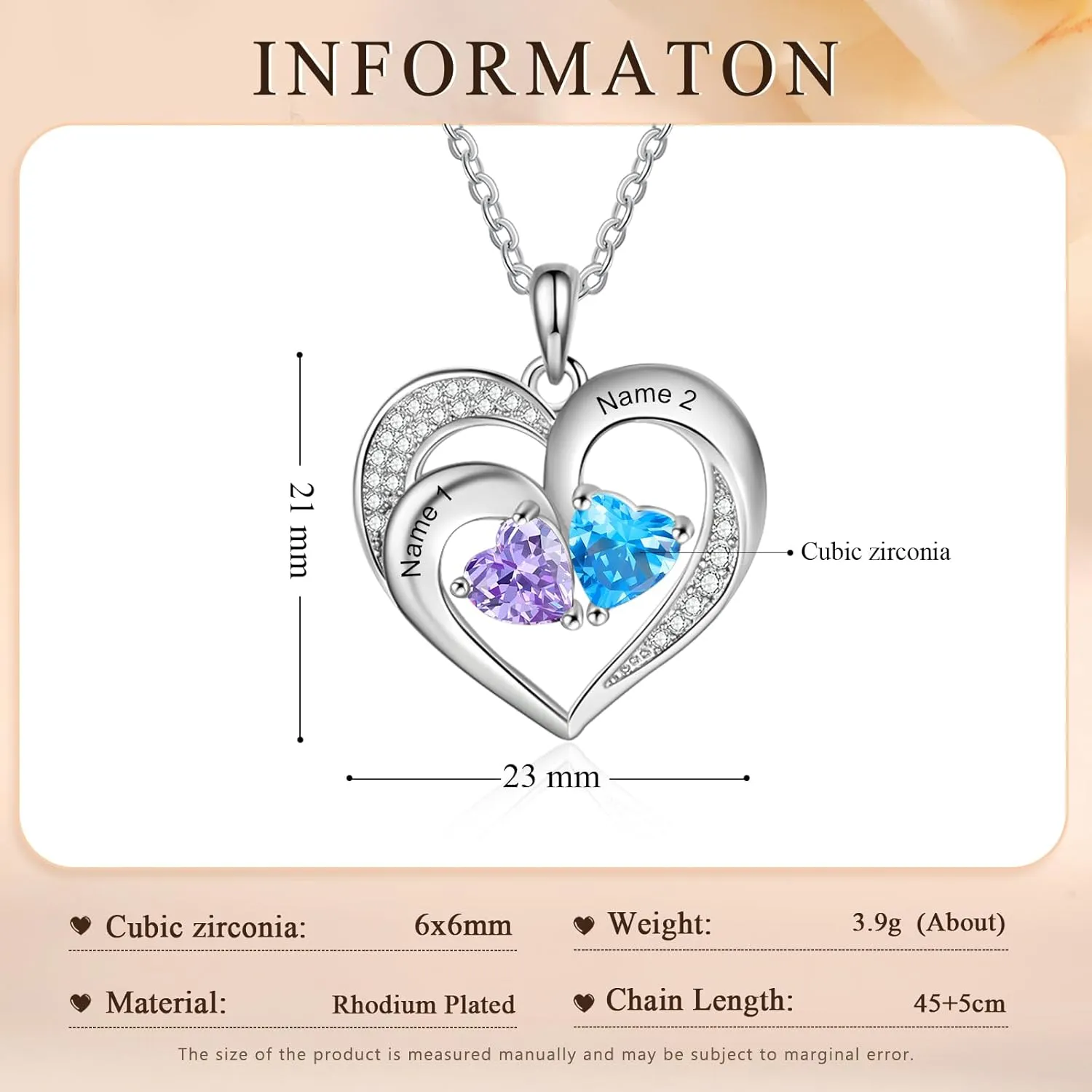 Sterling Silver Personalized 2 Names Necklace with 2 Heart Simulated Birthstone Couple Pendant Necklace for Women