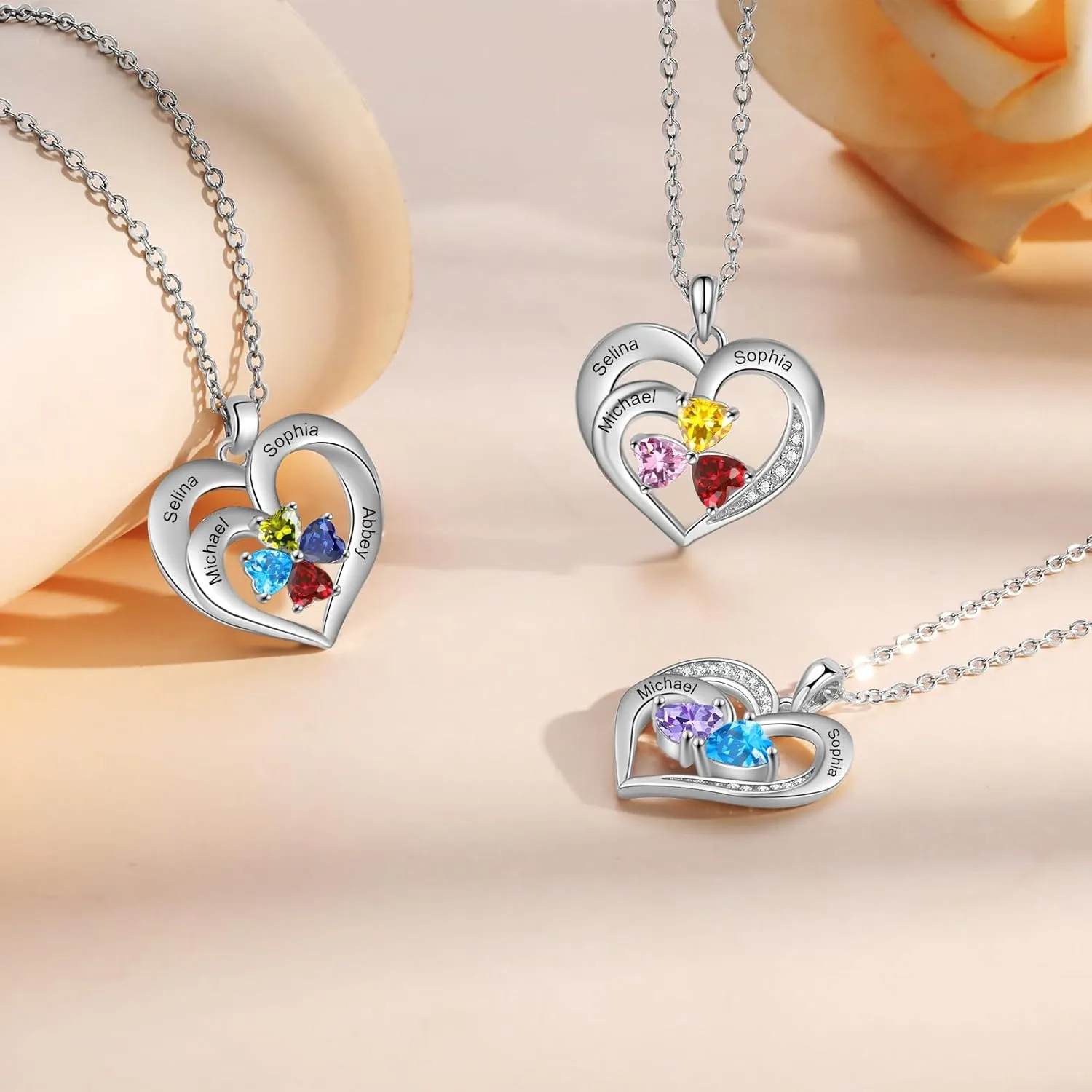 Sterling Silver Personalized 2 Names Necklace with 2 Heart Simulated Birthstone Couple Pendant Necklace for Women