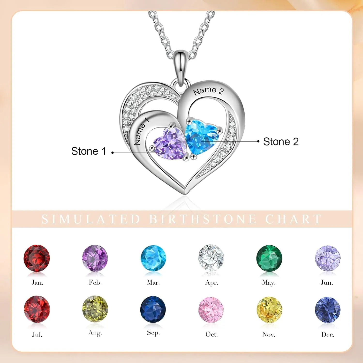 Sterling Silver Personalized 2 Names Necklace with 2 Heart Simulated Birthstone Couple Pendant Necklace for Women
