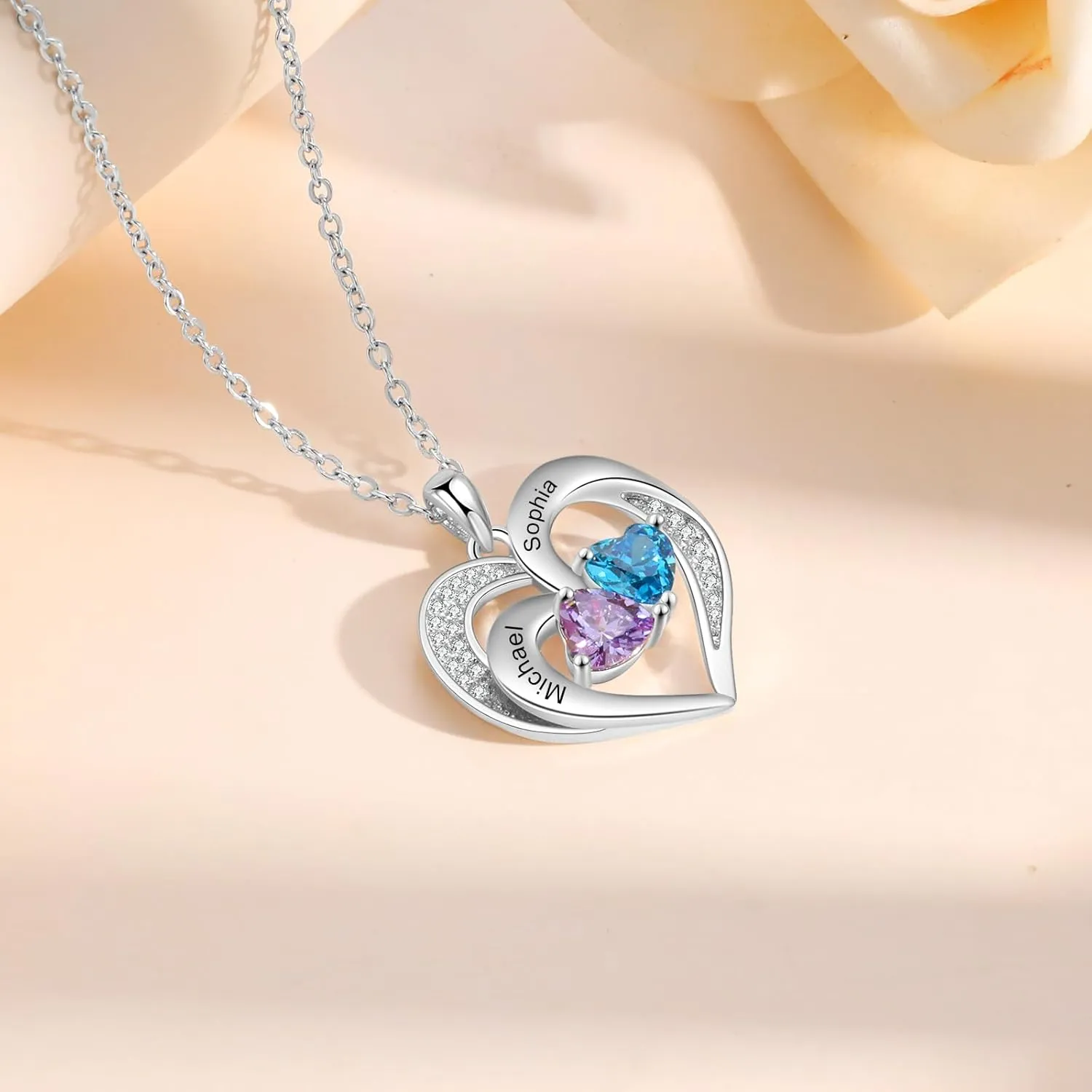 Sterling Silver Personalized 2 Names Necklace with 2 Heart Simulated Birthstone Couple Pendant Necklace for Women
