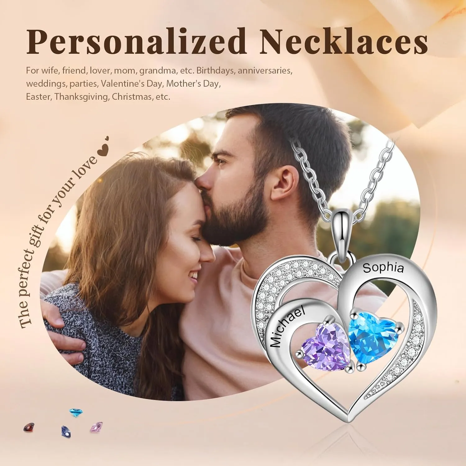 Sterling Silver Personalized 2 Names Necklace with 2 Heart Simulated Birthstone Couple Pendant Necklace for Women