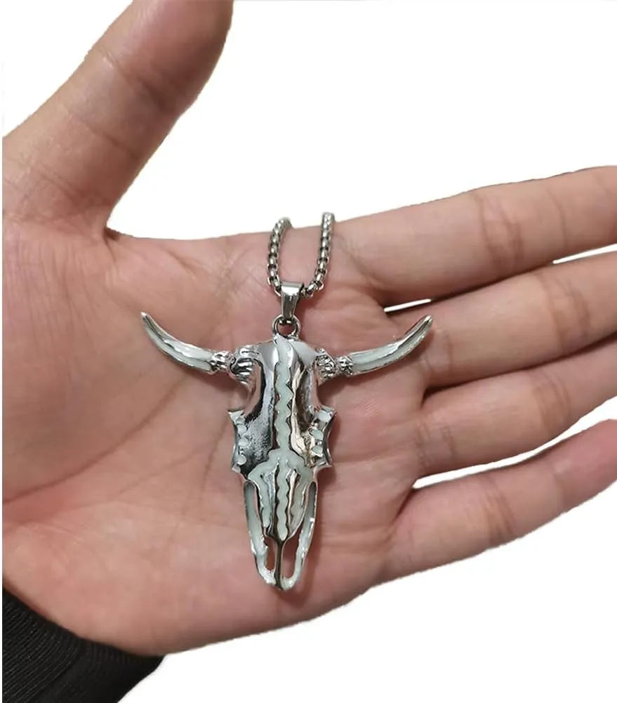 Western Necklace Luminous Ox Bull Skull Head Horn Necklace for Women Men Jewelry
