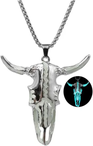 Western Necklace Luminous Ox Bull Skull Head Horn Necklace for Women Men Jewelry