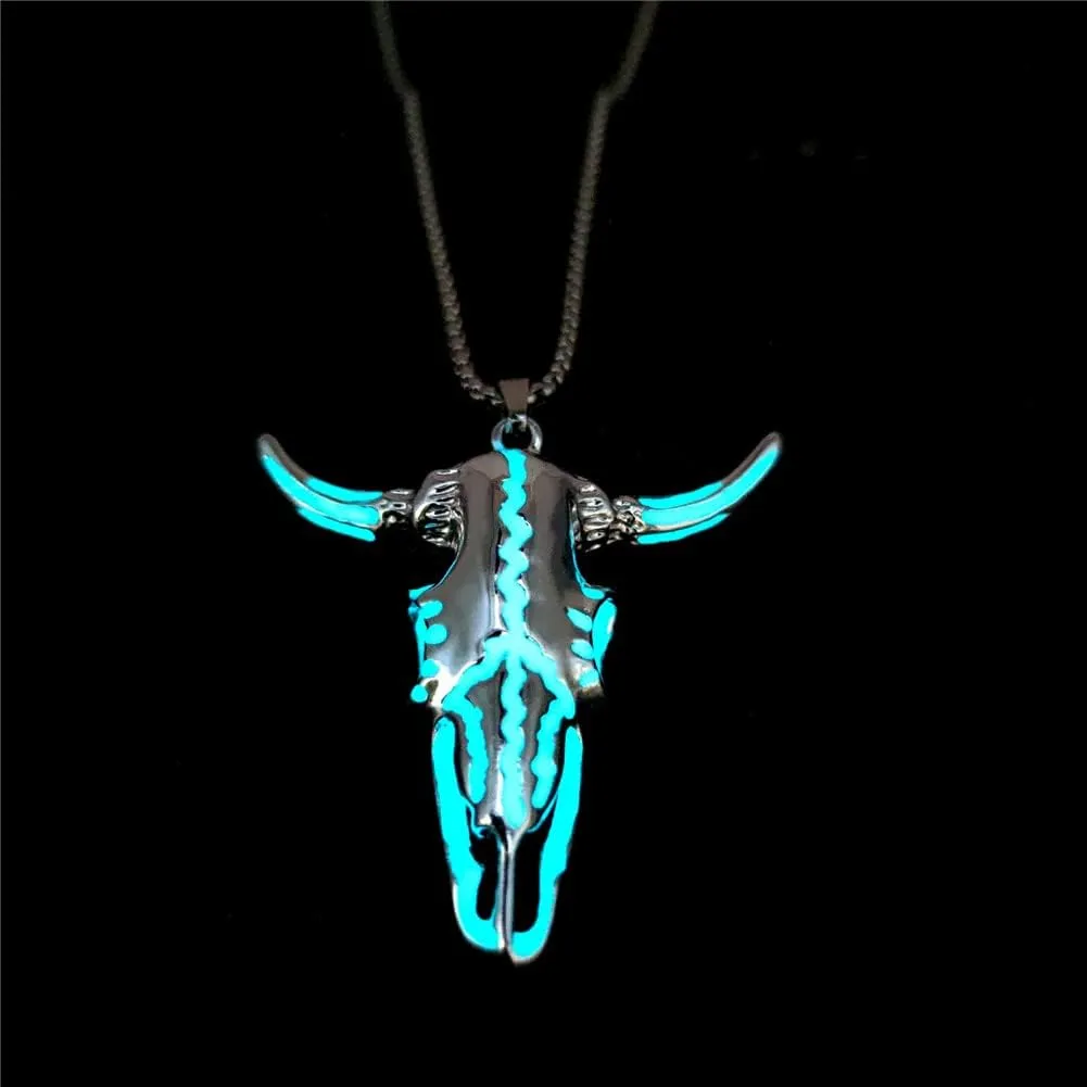 Western Necklace Luminous Ox Bull Skull Head Horn Necklace for Women Men Jewelry