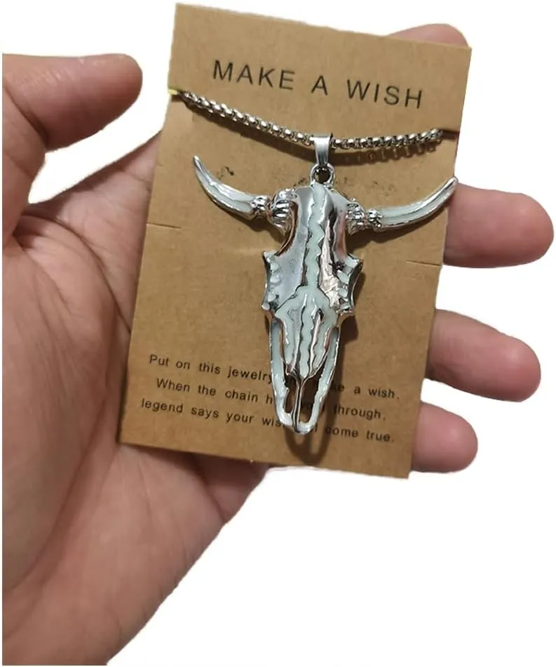 Western Necklace Luminous Ox Bull Skull Head Horn Necklace for Women Men Jewelry