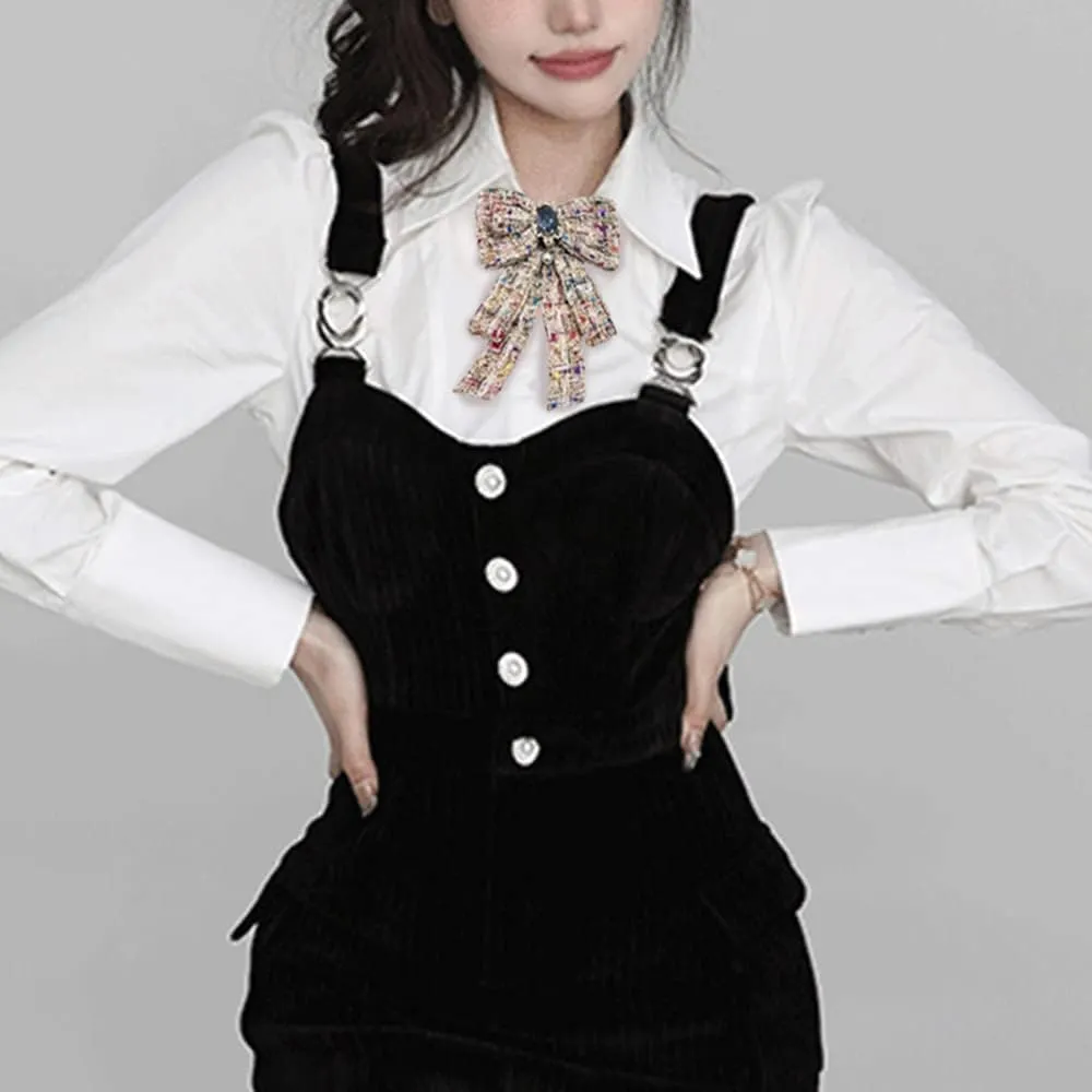 Women's Pre-Tied Bowknot Elegant Ribbon Brooch Pearl Rhinestone Neck Tie Pin for Ladies Girls Suit Shirt Pins Fashion Collar Clothing Accessories for Daughter Mom Sister Xmas Birthday