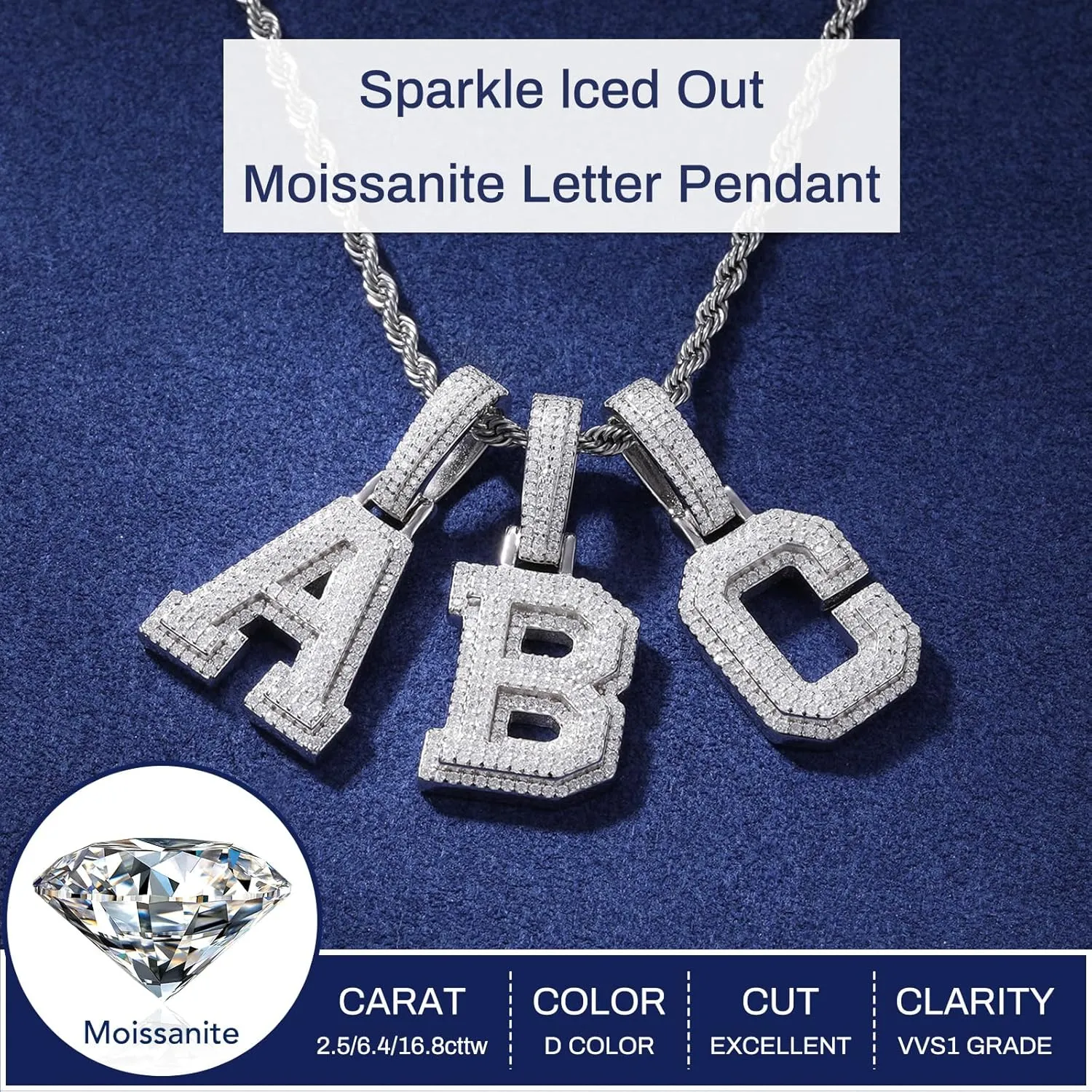 YIMERAIRE 3D Iced Out Letter Pendant Sterling Silver Moissanite Name Necklace - 925 Sterling Silver Nameplate Pendant For Men & Women