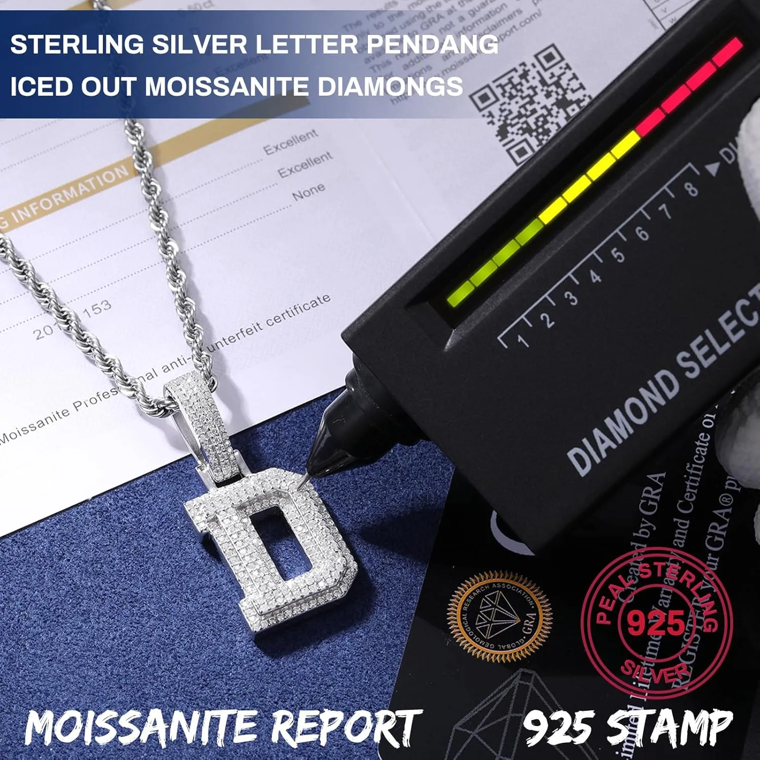 YIMERAIRE 3D Iced Out Letter Pendant Sterling Silver Moissanite Name Necklace - 925 Sterling Silver Nameplate Pendant For Men & Women