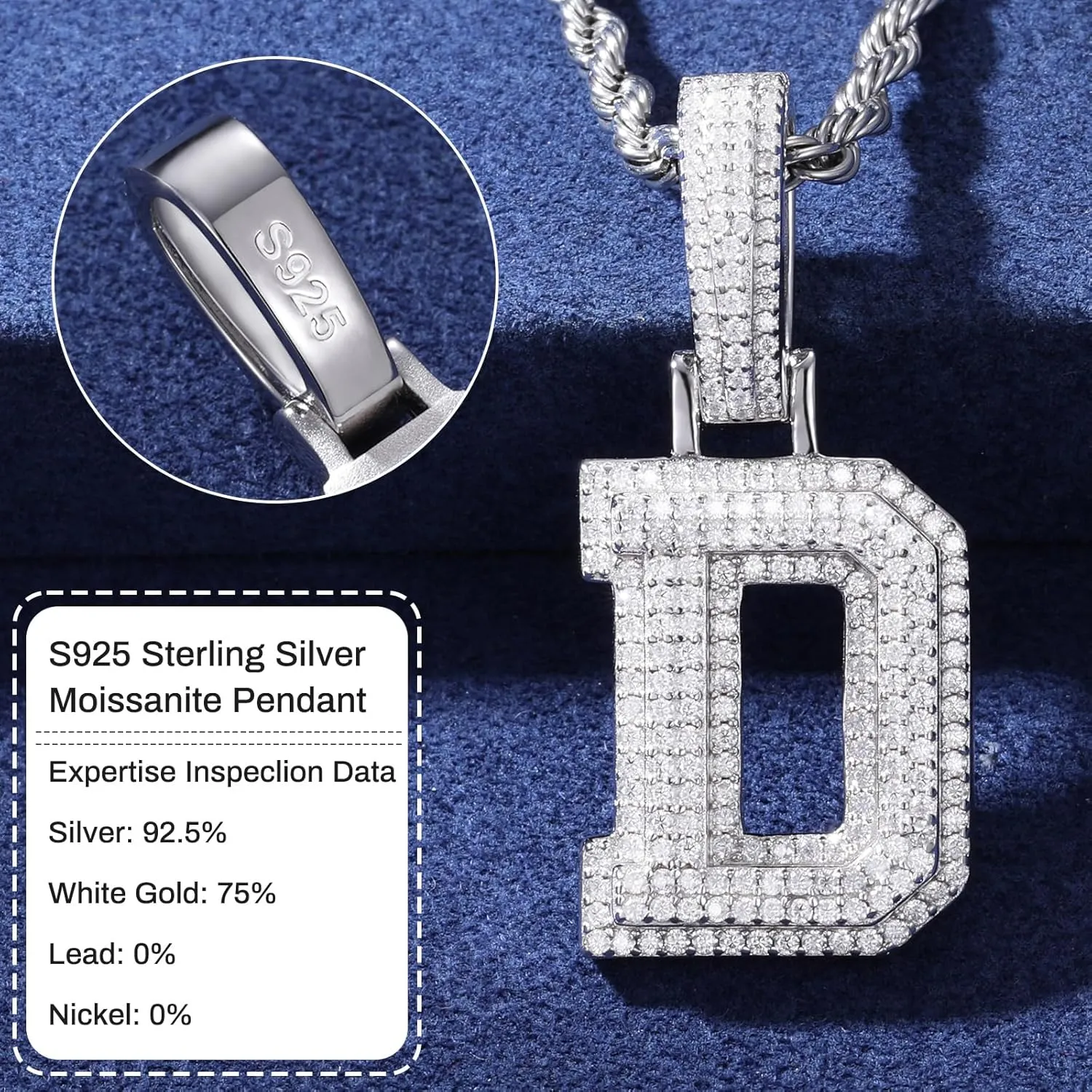 YIMERAIRE 3D Iced Out Letter Pendant Sterling Silver Moissanite Name Necklace - 925 Sterling Silver Nameplate Pendant For Men & Women